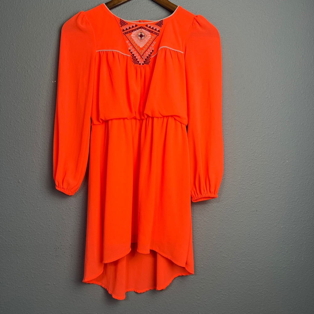 Gianni Bini Girls Neon Orange Dress Embroidered High Low Blouson Party Sz‎ M